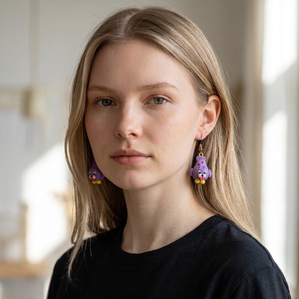 TALI Purple Seal Dangle Earrings Gold Tone Whimsical Animal Jewelry